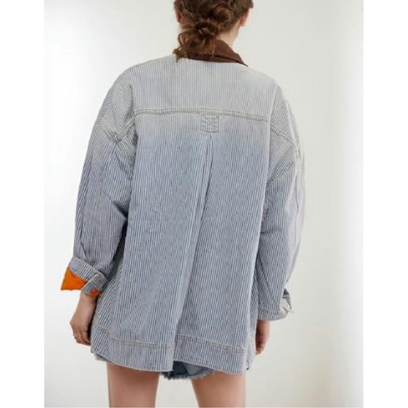 Oversized Denim Jacket with Corduroy Collar, Button Down, Long Sleeve new - Picture 3 of 10
